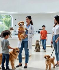 Veterinarian in modern clinic holding happy golden retriever dog with pet owners and families, representing veterinary SEO success in 2026