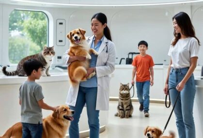 Veterinary SEO in 2026: Practical Playbook for More Clinic Bookings – Modern Vet Clinic Scene Veterinarian in modern clinic holding happy golden retriever dog with pet owners and families, representing veterinary SEO success in 2026