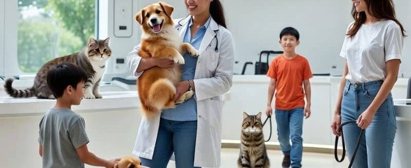 Veterinarian in modern clinic holding happy golden retriever dog with pet owners and families, representing veterinary SEO success in 2026