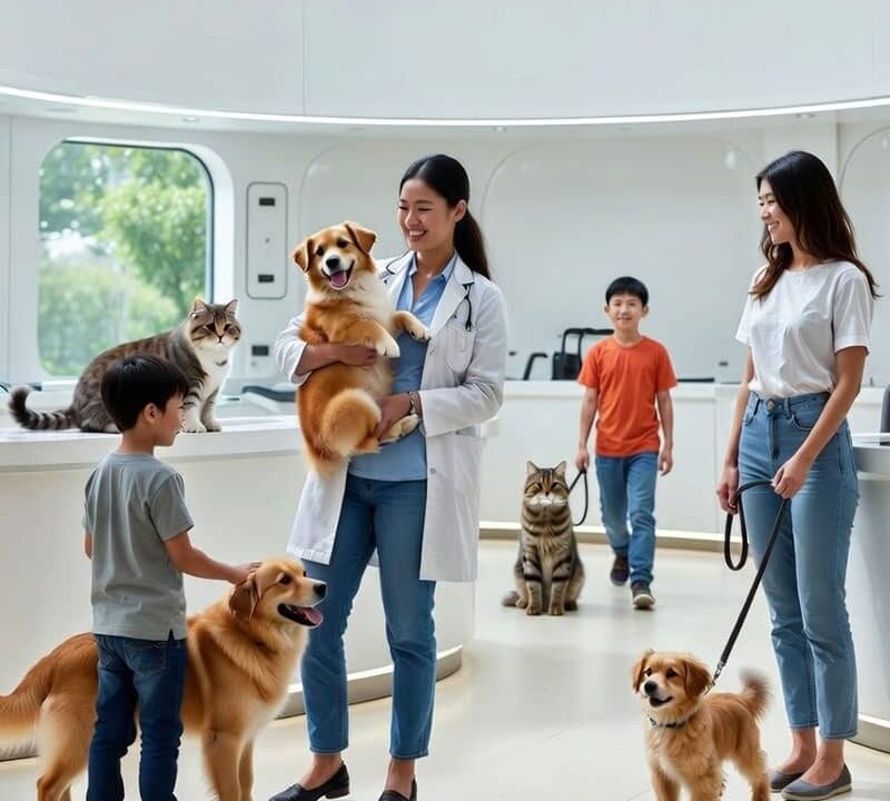 Veterinarian in modern clinic holding happy golden retriever dog with pet owners and families, representing veterinary SEO success in 2026