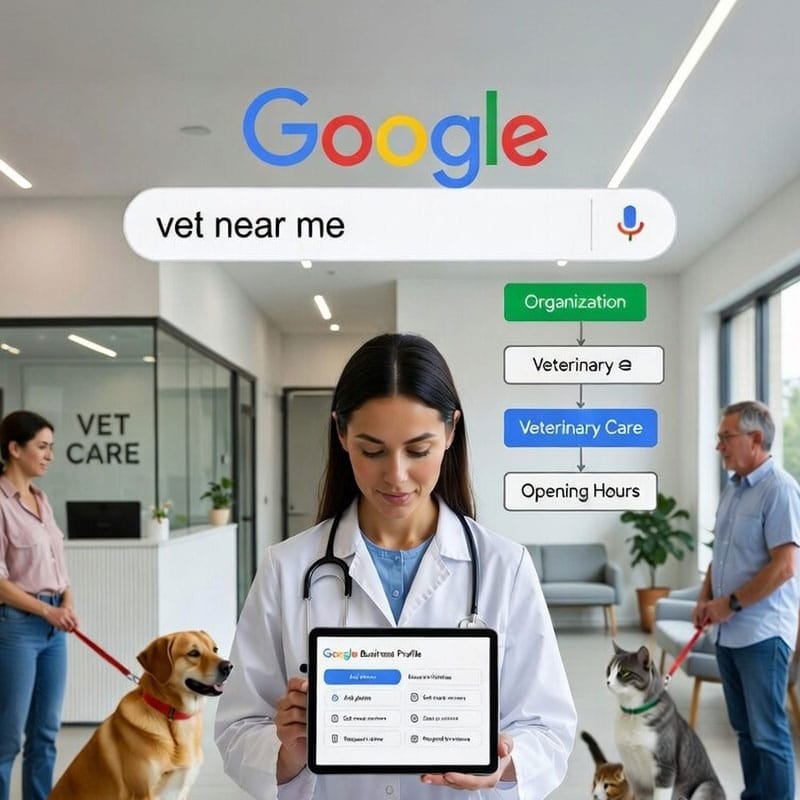 Veterinarian holding happy golden retriever in futuristic veterinary clinic surrounded by cats, dogs, children, and pet owners – illustrating successful veterinary SEO and increased bookings in 2026